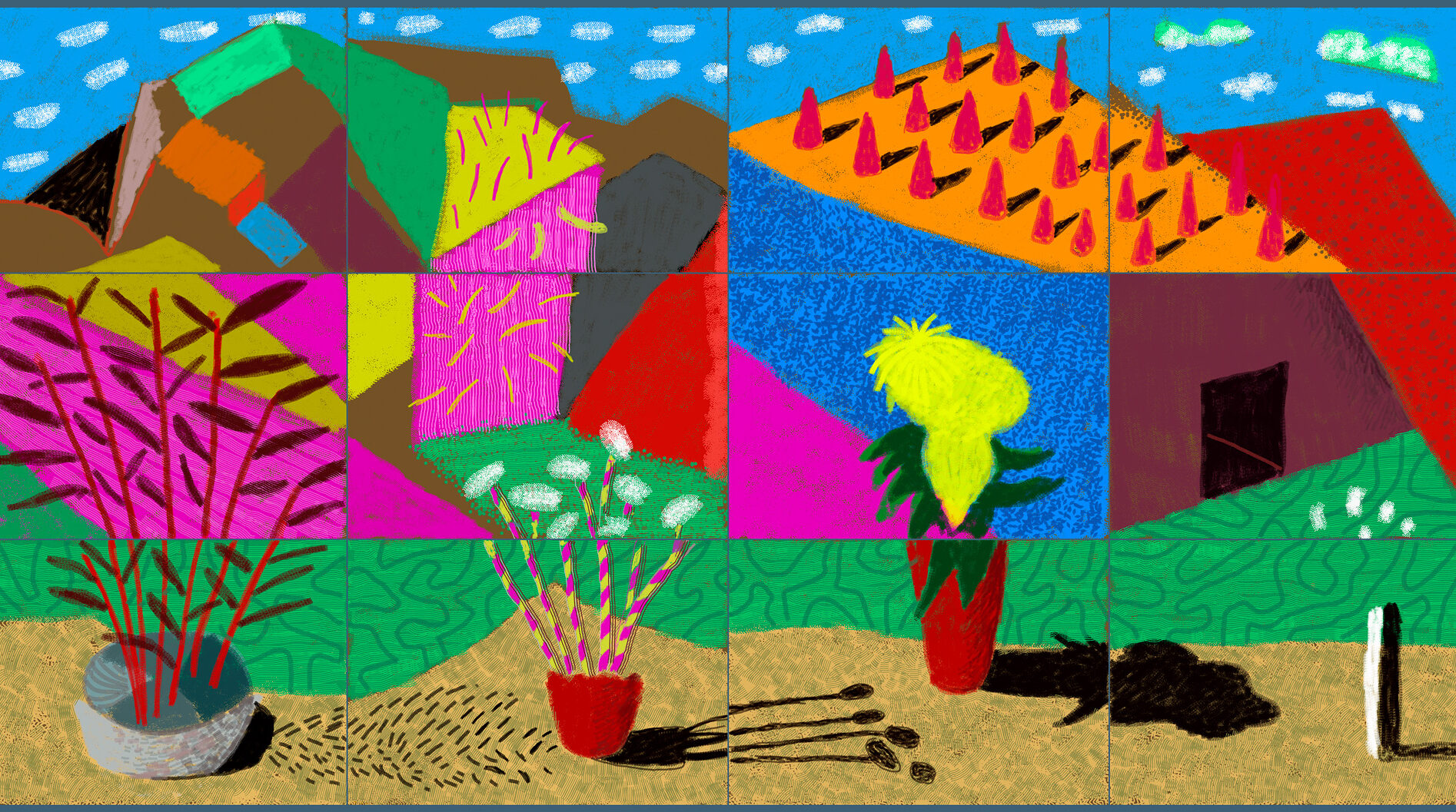 Digital painting of a landscape made of a grid of separate paintings.