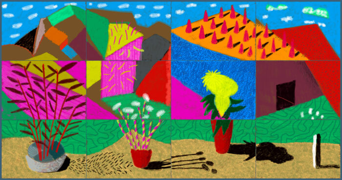 Digital painting of a landscape made of a grid of separate paintings.