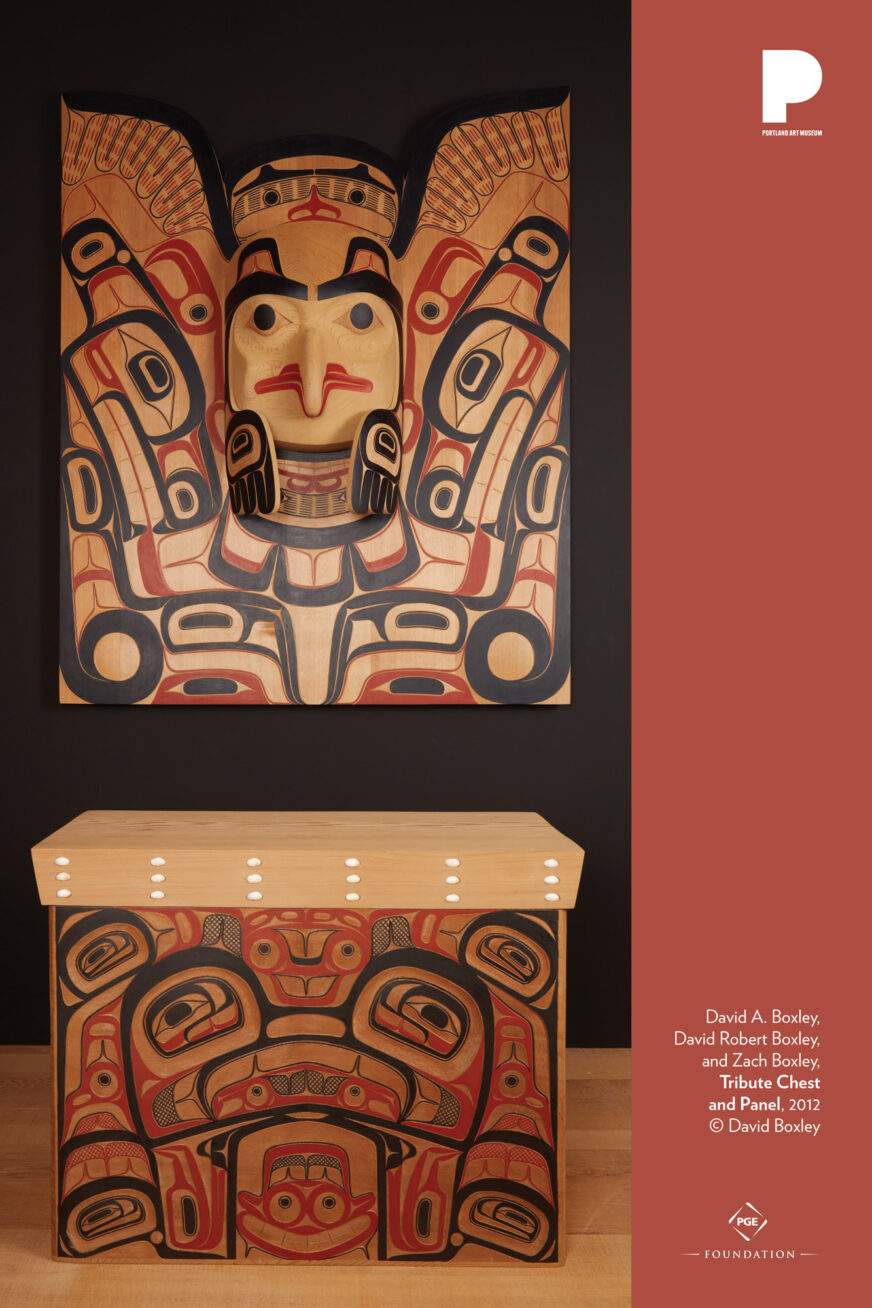 David A. Boxley (American; Alaskan Tsimshian, born 1952)
David Robert Boxley (American; Alaskan Tsimshian, born 1981)
Zach Boxley (American; Alaskan Tsimshian, born 1984)
Tribute Chest and Panel, 2012
Red cedar with operculum shells and pigment
Panel: 57 1/2 x 48 x 10 inches
Chest: 26 1/2 x 34 x 18 inches
Museum Purchase: Funds provided by Arlene Schnitzer, Beverly Terry, Quintana Galleries, and by bequest of Elizabeth Cole Butler by exchange, for the 2014 NEW for the WALL evening
2014.126.1
© David Boxley