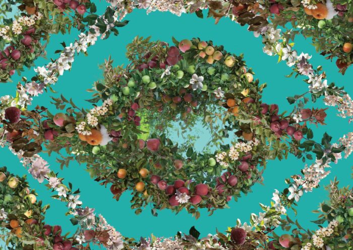Decorative wallpaper with a teal background, apples and leaves