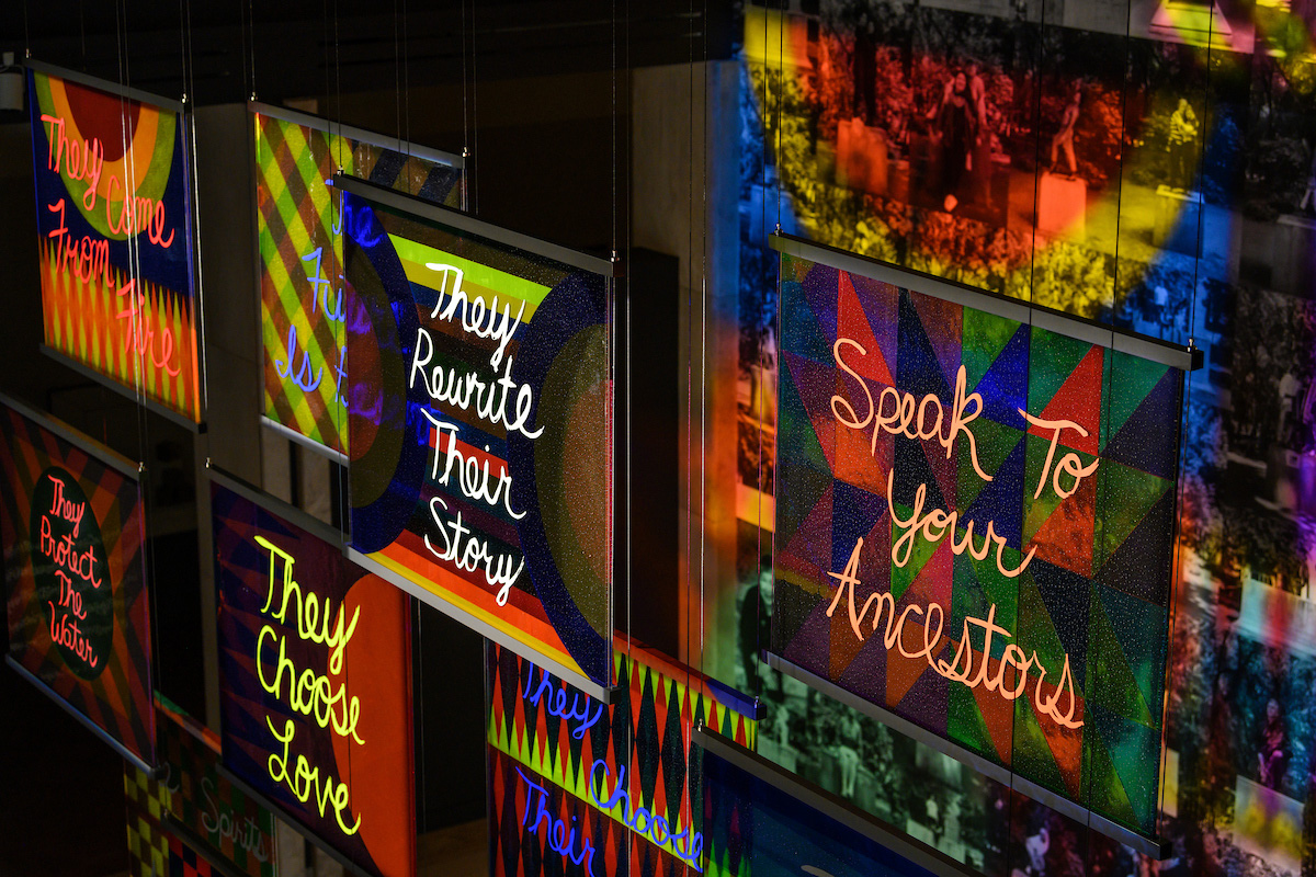 Jeffrey Gibson, They Come From Fire, 2022. Site-specific installation, Portland Art Museum. Photo courtesy of Portland Art Museum.