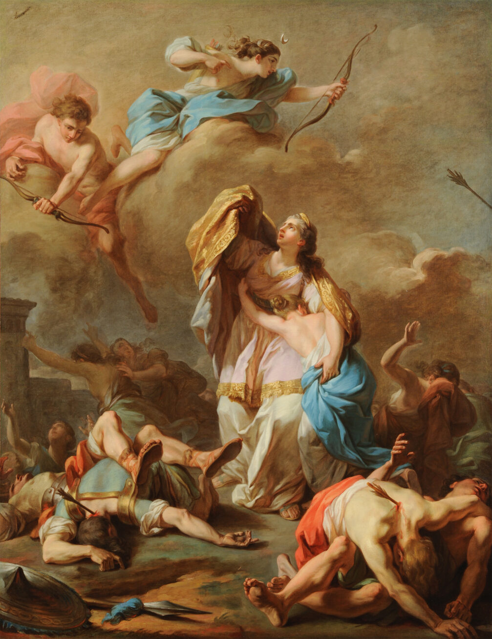 Painting of a mythic scene with gods and humans at battle
