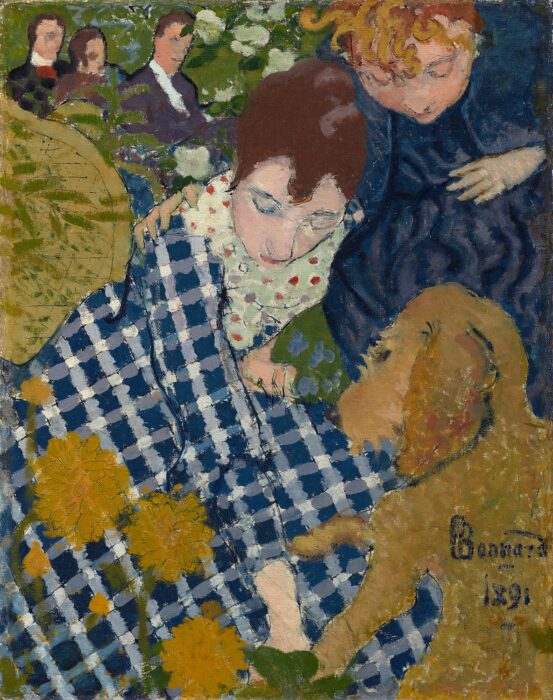 Painting of a woman with red hair and a blue and white checkered dress bending over a golden retriever dog.
