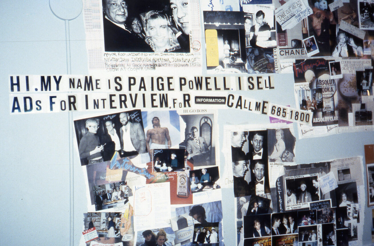 Photo of a collage of photographs with text overlaid: "My name is Paige Powell. I sell ads for Interview. For information call me 685-1800.