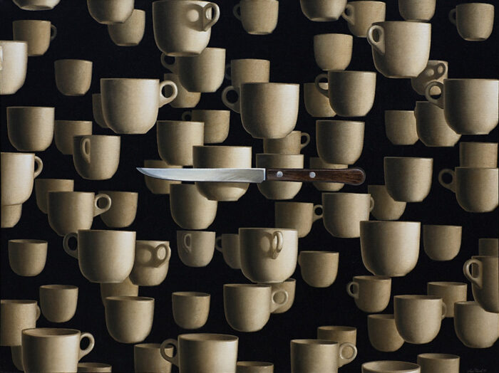 Painting of white coffee cups floating against a black background with a wooden handled kitchen knife floating in the foreground