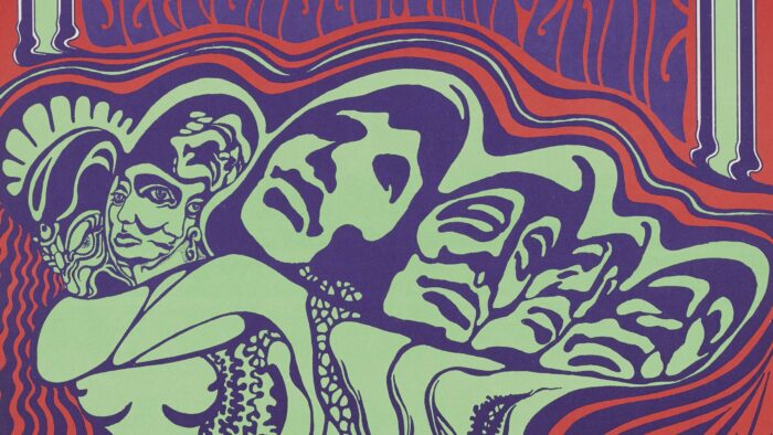 Psychedelic figures floating on a background of wavy color.