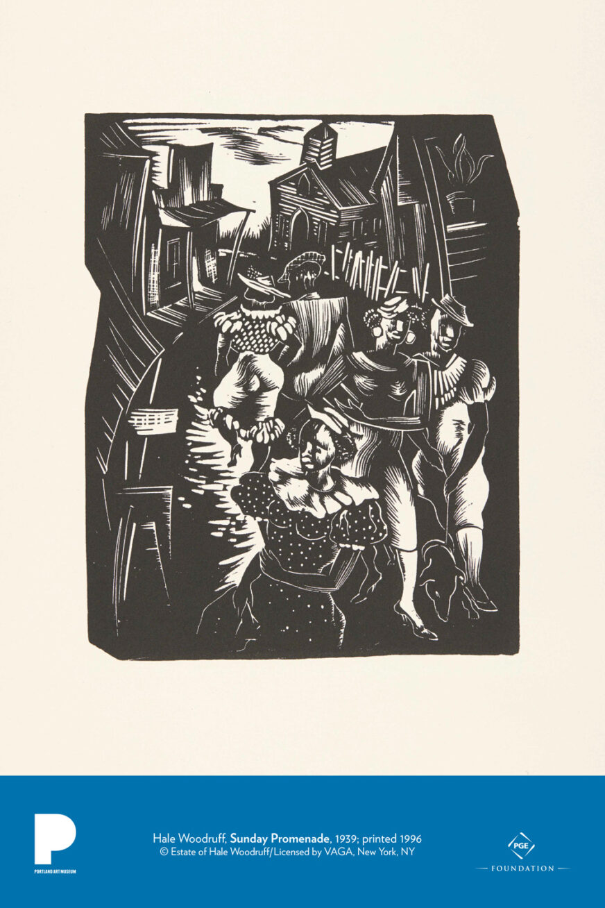 Hale Woodruff (American, 1900–1980)
Sunday Promenade, from the portfolio Selections from the Atlanta Period, 1939; printed 1996
Linocut on paper
Image: 9 11/16 x 7 3/4 inches
Sheet: 19 1/4 x 15 inches
Gift of Ivanhoe B. Higgins, Jr. and Jill M. Ward
© Estate of Hale Woodruff/Licensed by VAGA, New York, NY
2013.6.1h